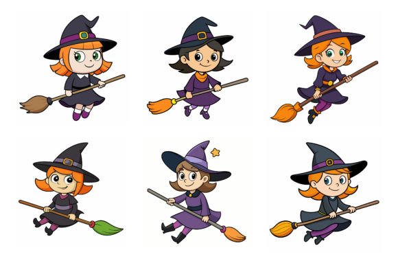 Witch Flying on Broom Vector Illustration for Graphics and Crafts